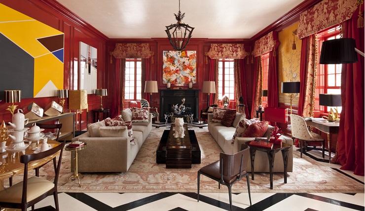 metallic finishes, exotic touches such as ikats and embroidery, as well as glamorous moiré