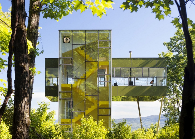 "Tower House — a 2,500 square foot structure on a sloping, wooded site in Ulster County, New York, about 100 miles north of Manhattan was designed by New York City – based Gluck+ as the mountain retreat for one of the firm's principals, Thomas Gluck and his family"