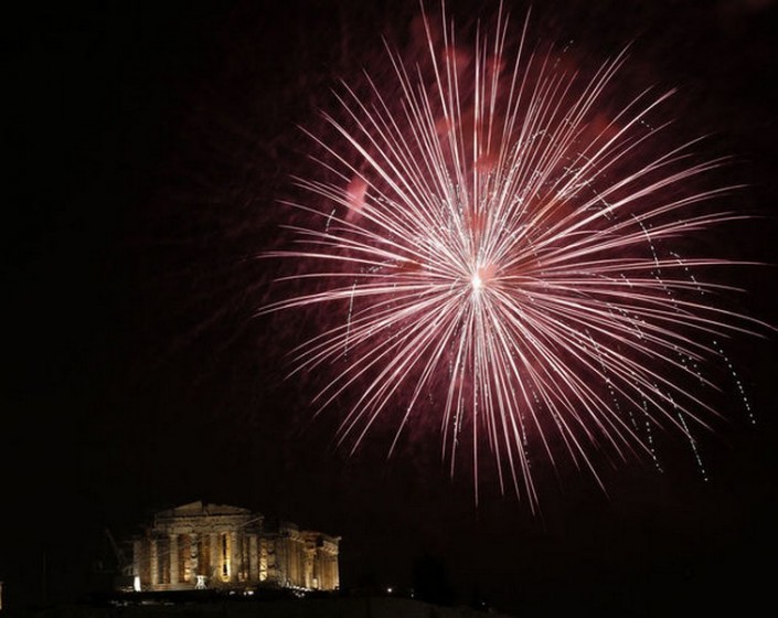 "Celebrating New Year 2014-Athens- Greece-Fireworks explode over the temple of the Parthenon"