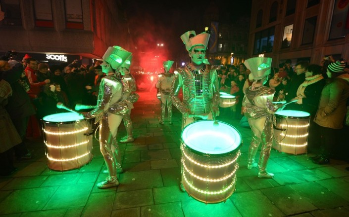 "Celebrating New Year 2014-Newcastle-UK-Spark drummers perform at the New Year's eve Winter Carnival in the city centre"