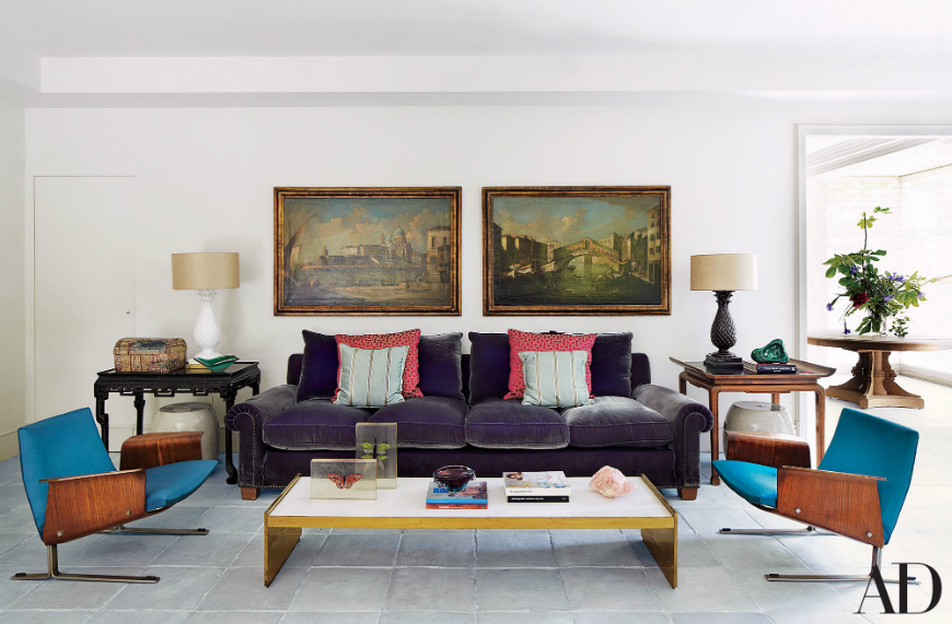 2016 AD 100 list – Isabel Lopez Quesada -A pair of Venetian scenes overlook Asian tables and midcentury armchairs