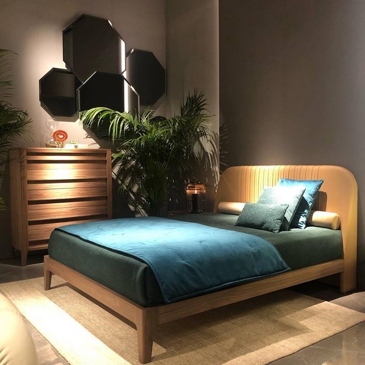 Modo 10 at iSaloni 2019 with a bedroom set with wood materials, and a beautiful bed with blue tones and an amazing mirror.  home inspiration ideas