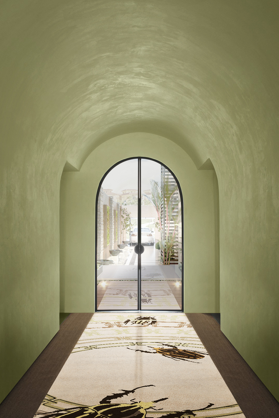 green hallway with extense rug