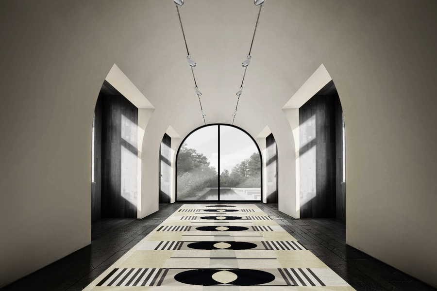 black and white hallway with wide window