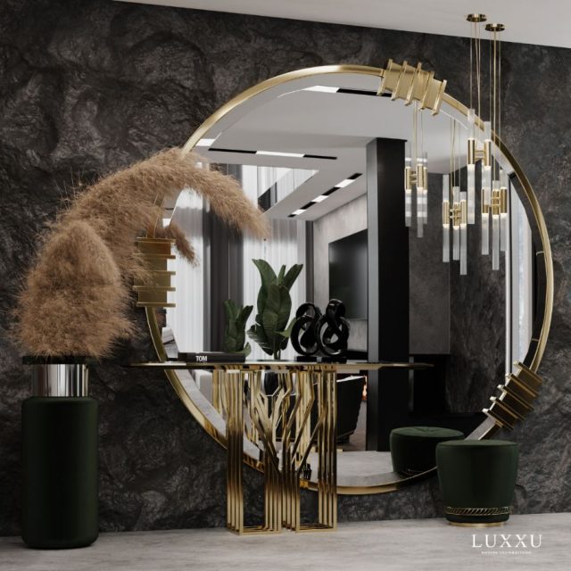Modern earth-inspired hallway design with round gold mirror, green ...