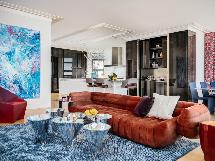 Modern living room, modern decor, incredible details, beautiful center table, art, orange sofa