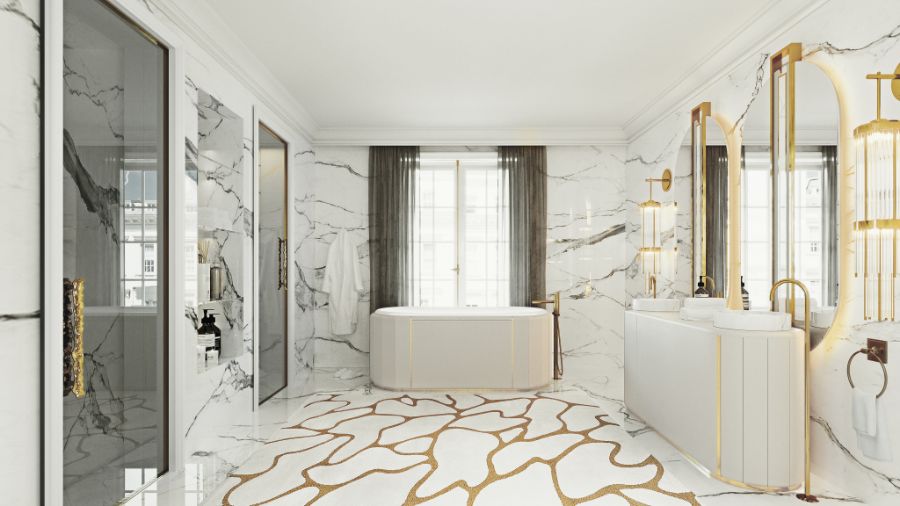 master bedroom and bathroom, white and gold bathroom, white leather washbasin, white leather bathtub, oval mirror, gold wall light, modern bathroom rug