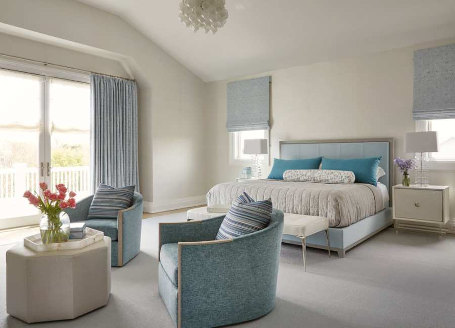 Amie Weitzman, bedroom design, blue armchairs, blue bedroom decor
