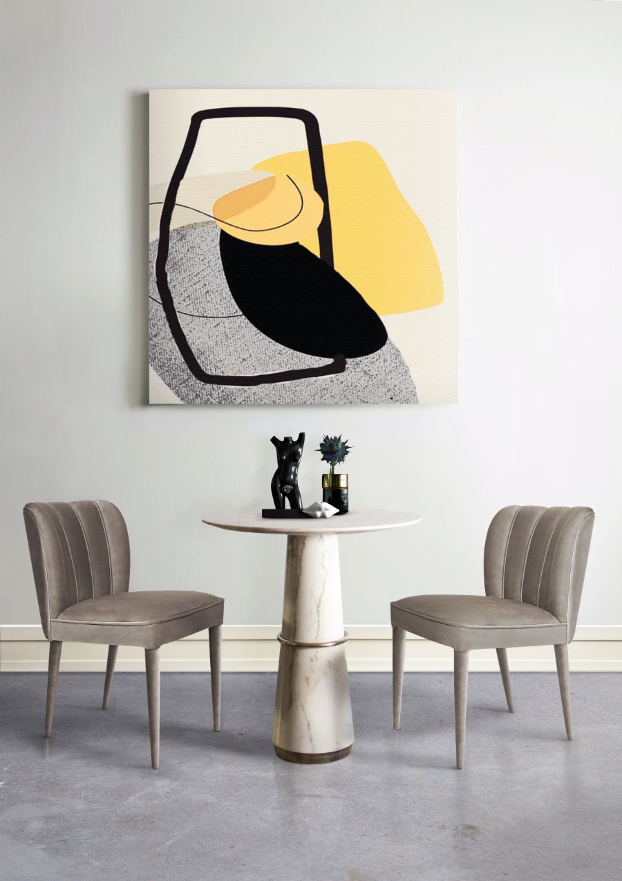 Modern Dining Room Decor in Black, White and Grey with grey dining chair and white marble round coffee table