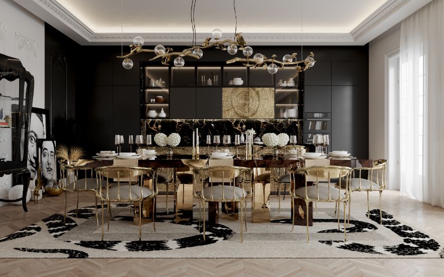 Modern Dining Room Decor in Black, White and Grey with wood rectangular dining table and gold dining chair