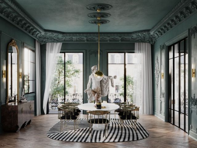 A dark-green Dining Room Idea filled with exclusive designs items ...