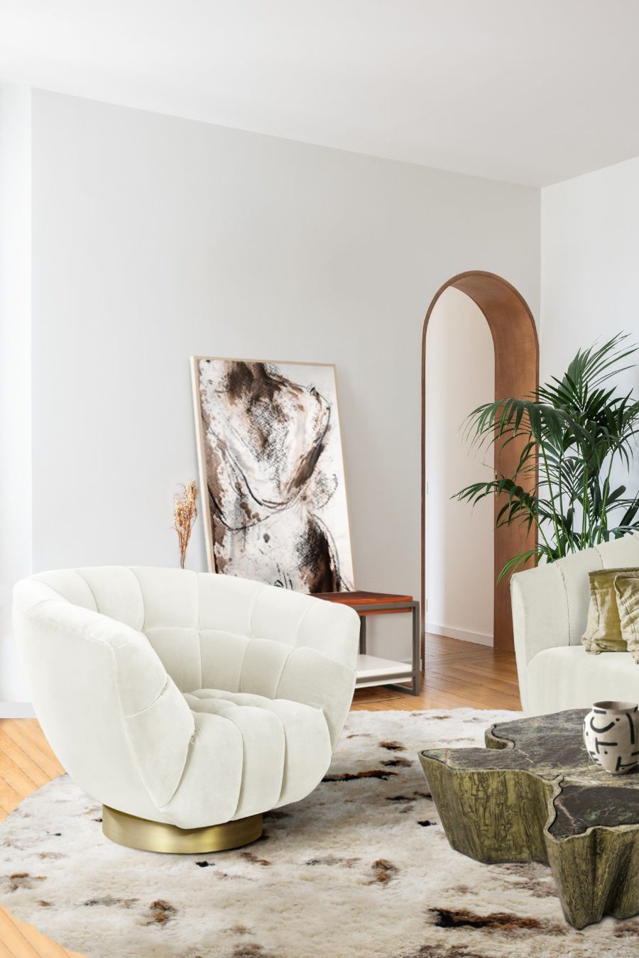 modern living room, white velvet swivel chair, wood centre table