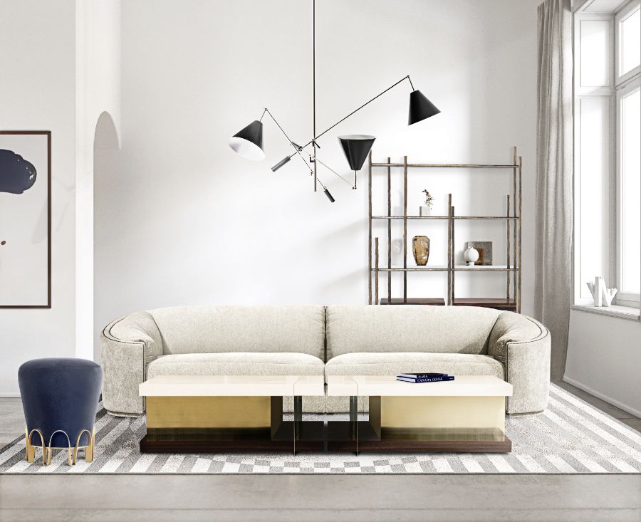 modern living room, white sofa, blue velvet stool, wood rectangular centre table