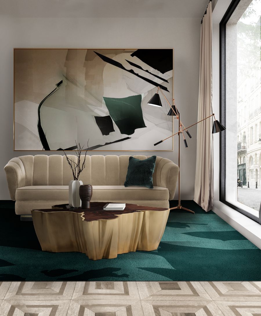modern living room, wood centre table, velvet sofa, blue rug