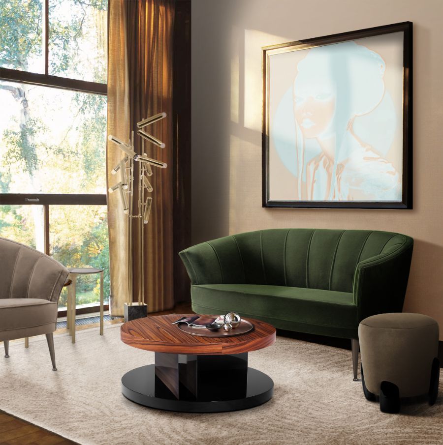 modern living room, green velvet 2 seat sofa, round centre table, brown upholstered stool