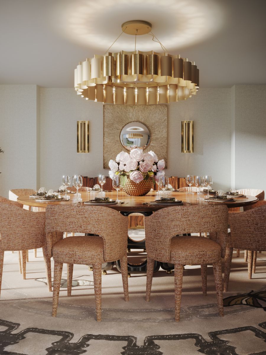 an earth-inspired dining room design with gold brass wall light and round wood dining table