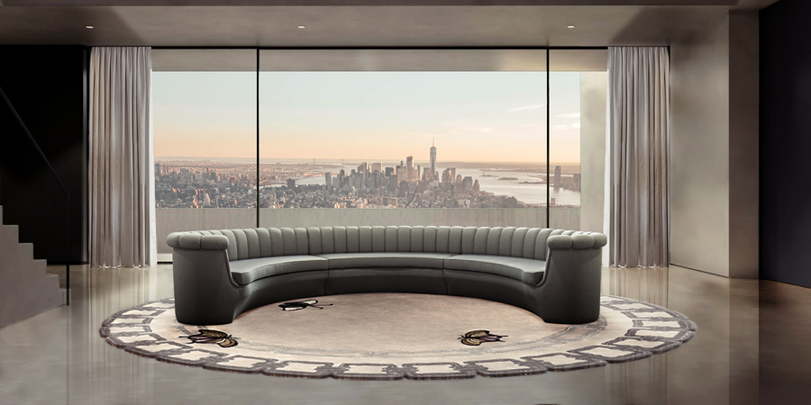 neutral living room design with big round sofa