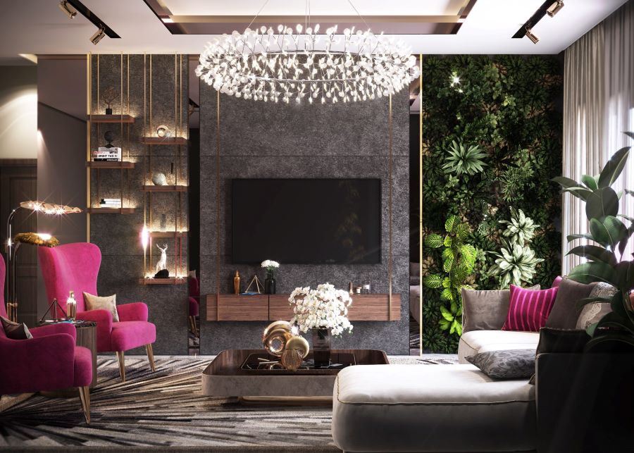 modern living room, pink armchairs, white sofa whith pink and grey pillows, black and grey centre table, white suspension light , luna