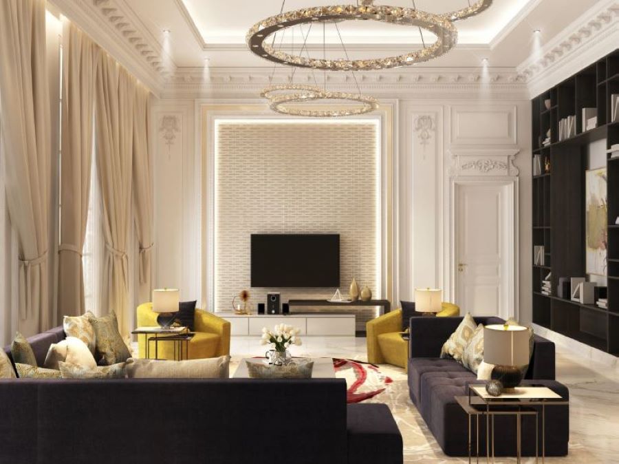 modern living room, black sofas, yellow armchairs with black pillows, black and gold side tables , luna