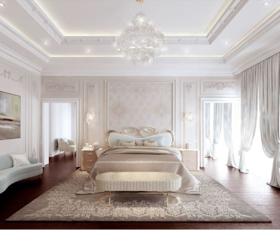 modern bedroom, white suspension light, pink and white bed side table, white sofa , white and gold bench, white and grey rug , luna
