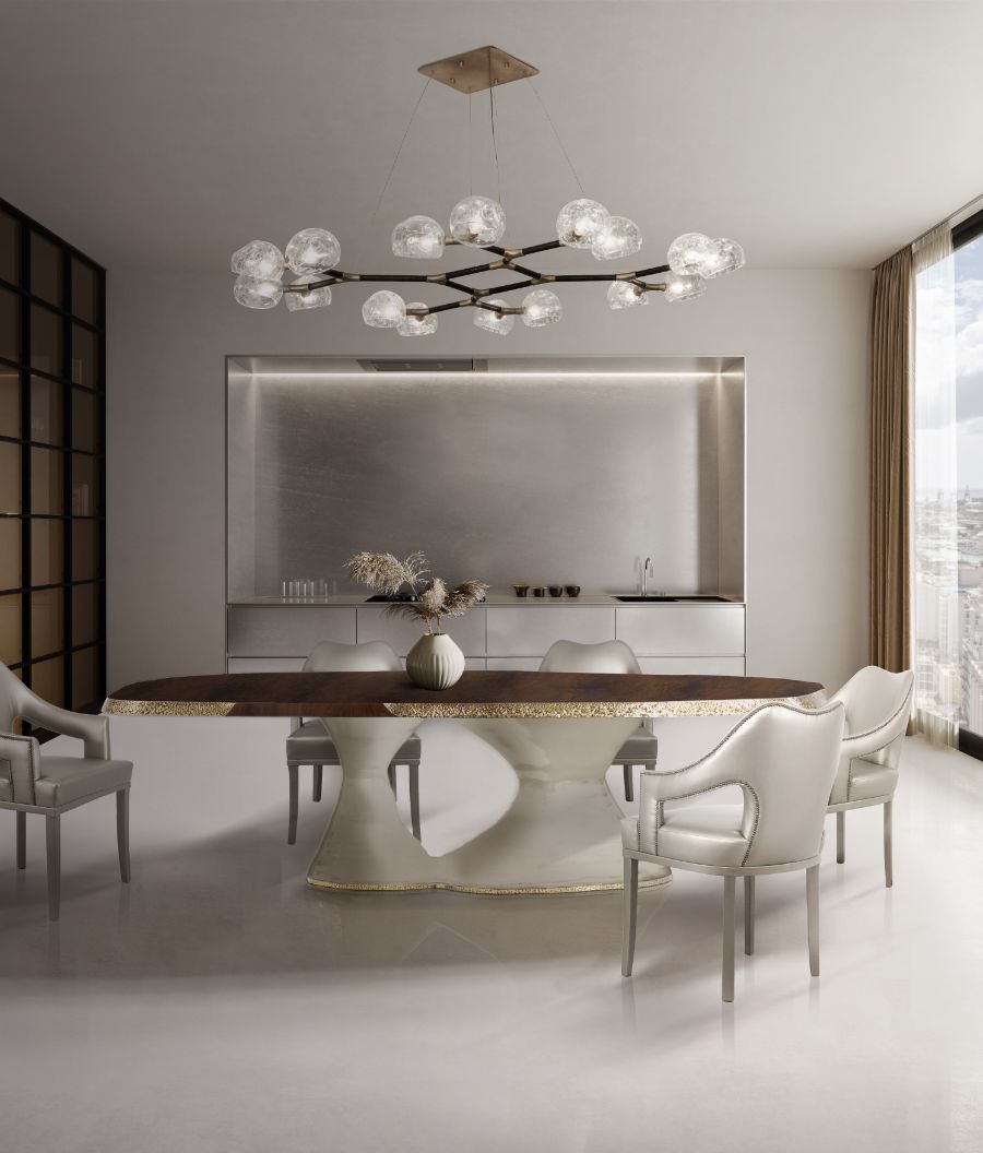 modern contemporary dining room design with oval wood dining table and white leather dining chair
