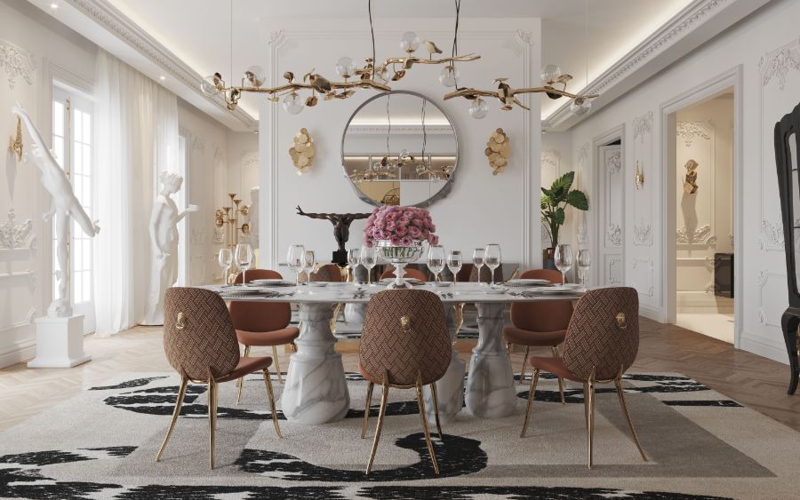 classic dining room design with oval marble dining table and brown velvet dining chairs