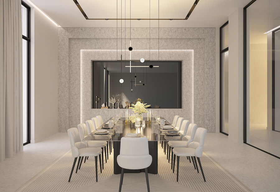 A dining room with marble details furnished with a custom dining table and some bespoke upholstery.