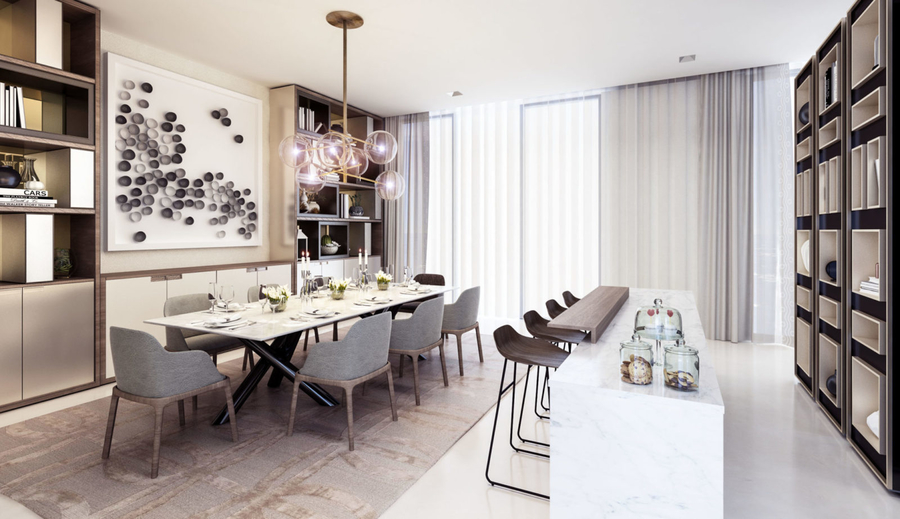A dining room furnished with a dining table, some bespoke upholstery, custom counter stools and a white marble counter.