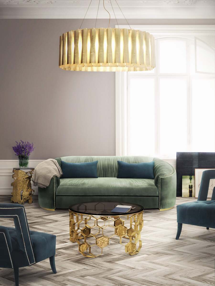 green sofa and golde lamp living room