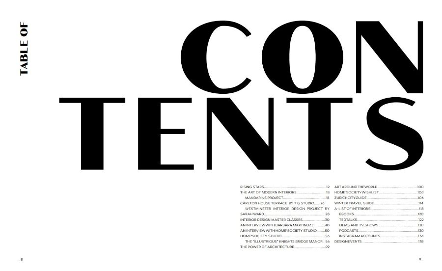Modern Design Magazine Home'Society Winter Issue  Second Edition table of contents