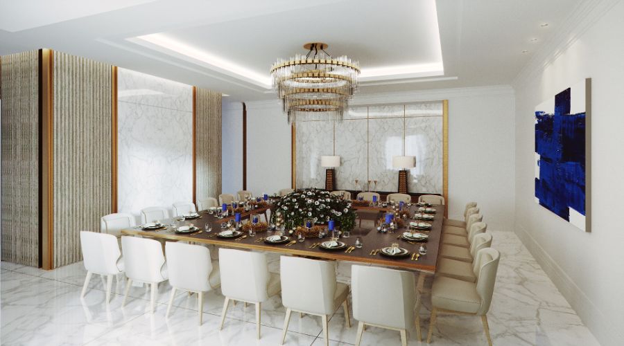 NP Designs designed a formal dining room with a square table and a luxurious pendent.