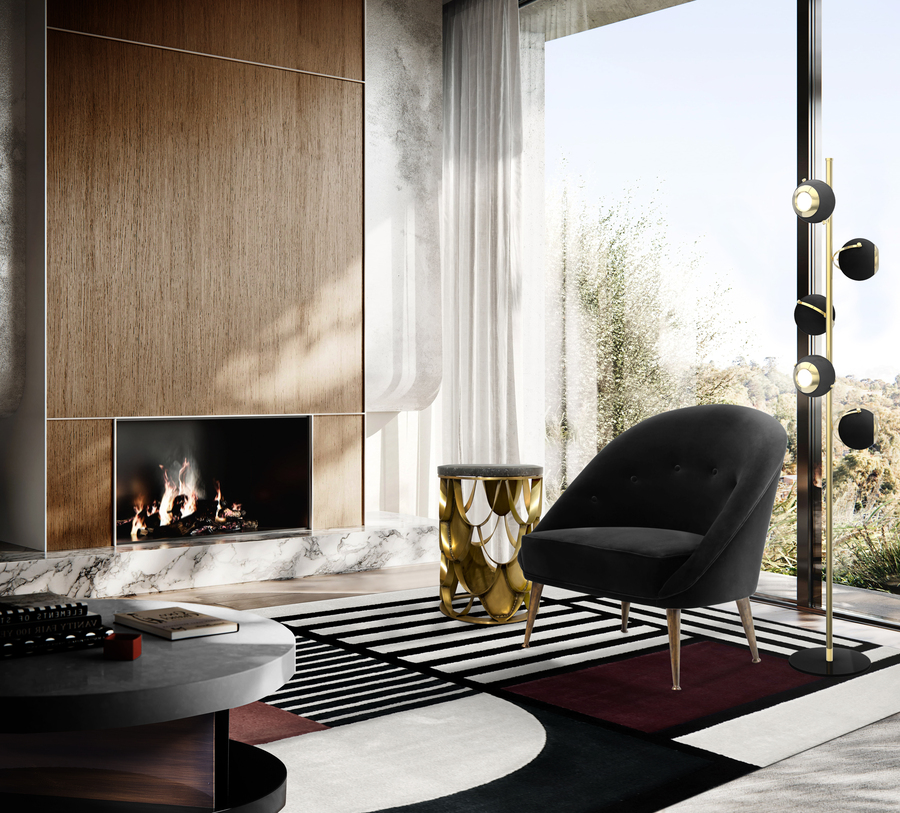 modern living room set with black armchair