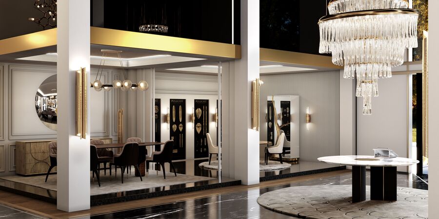 modern luxurious green and gold detailed showroom