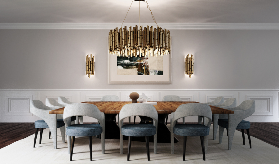 modern dining room design with blue velvet chairs