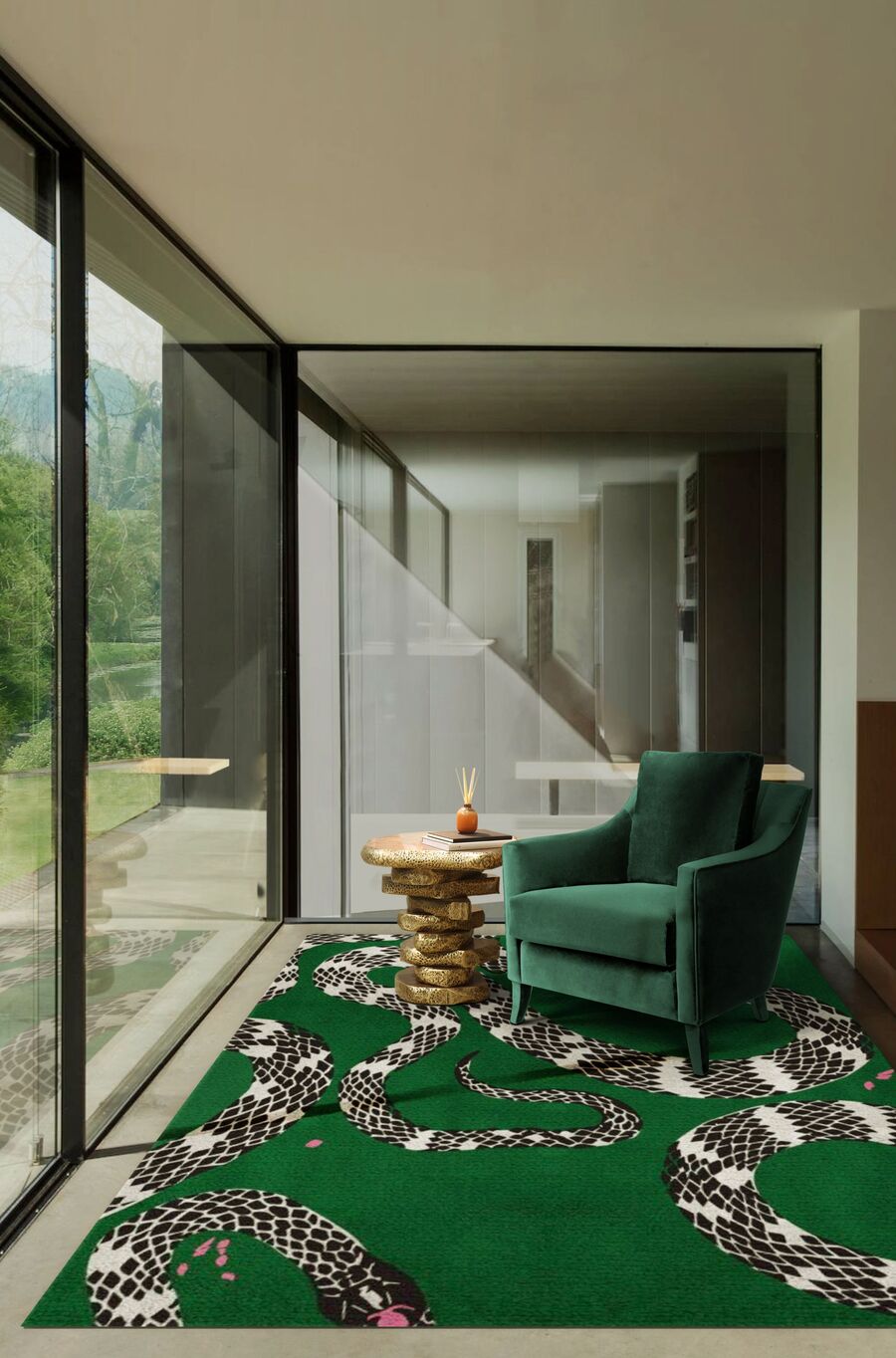 moder library design with green snake rug