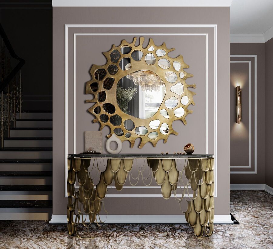 modern hallway design with golden mirror and console