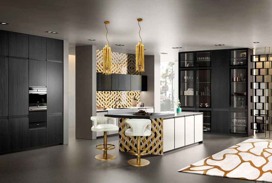 modern kitchen design with golden suspension light