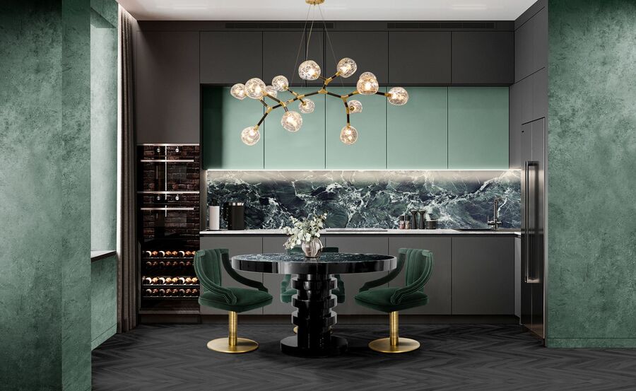 exclusive kitchen design in green tones and black modern interior