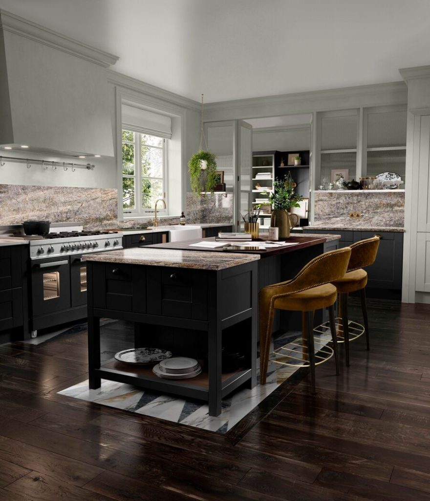 modern kitchen interior design with brown counter stools