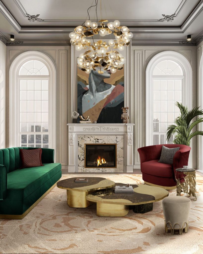 Luxury contemporary living room featuring POWEL Sofa, ELK Armchair, CAY Side Table, NUI Stool, OPHELIA Marble Center Table, HERA Round II Lamp, and MERFILUS Rug, blending elegance and modern style.