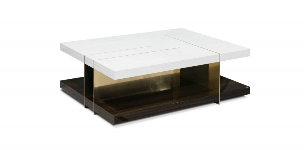 LALLAN Rectangular Center Table with pallisander veneer, black lacquer, polished and antique brass, adding luxury and contemporary style to a modern living room.