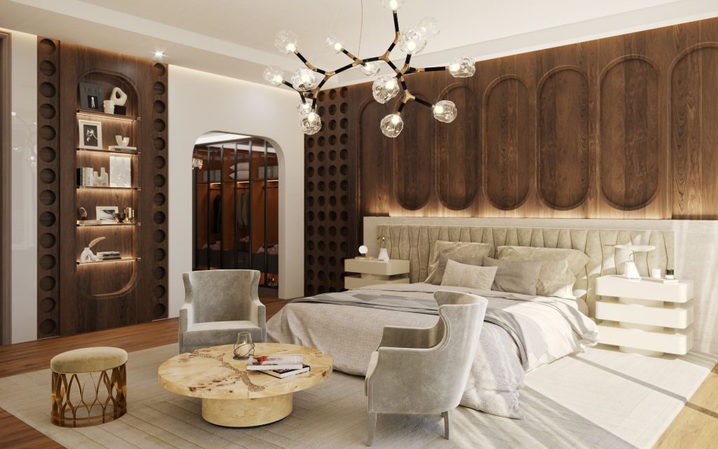 Modern luxury bedroom with BRABBU Vime Headboard in velvet, Shinto Nightstand, Horus Irregular Suspension Light, Dukono II Armchairs, and Empire Centre Table.