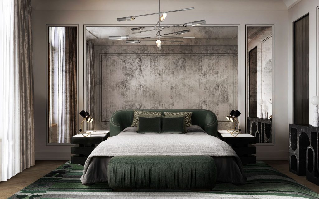 Modern classic bedroom with BRABBU Wales Bed, bronze nailhead trim, Shinto Nightstand, Colosseum II Console, Nuka Armchair in grey velvet, Cypres Floor Lamp, and Royalis Area Rug.