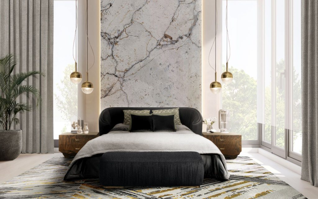 Serene neutral bedroom featuring BRABBU Wales Bed and Bench, Huang Nightstand, Niku Pendant Light, and Xisto Area Rug by Rug'Society, with calming modern décor.