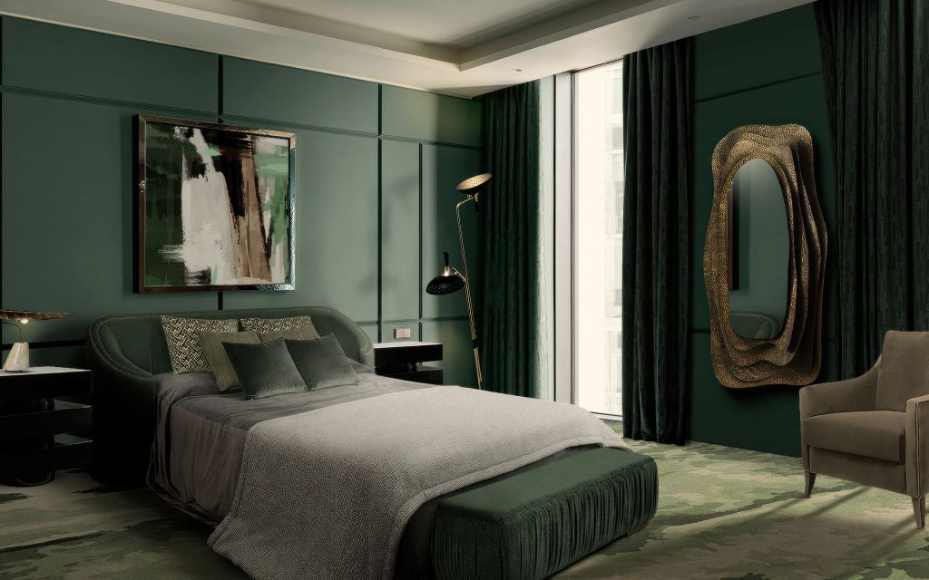 Bold bedroom with green and grey BRABBU Wales Bed, Kumi Mirror, Shinto Nightstand, Como Armchair, Calla Table Lamp, and Möos Area Rug by Rug'Society, combining luxury and nature-inspired design.