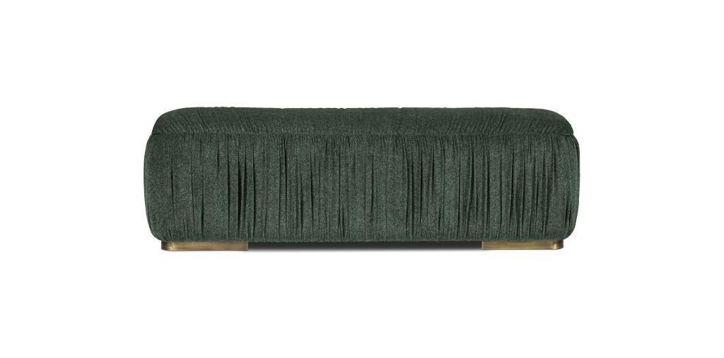 Wales Bench upholstered in cotton velvet with brushed aged brass footer, adding luxury and style to a bedroom