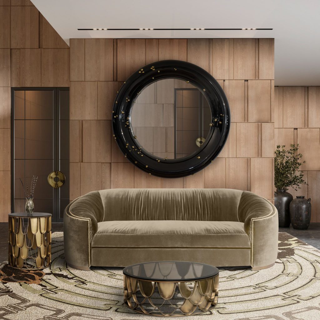 Contemporary living room featuring the WALES Sofa, KOI Center and Side Tables, BELIZE Mirror, and GOLDEN BUGS Rug, combining luxury and modern elegance.