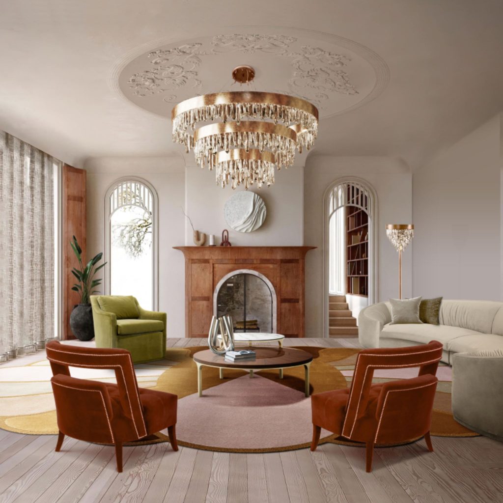 Modern and colorful living room featuring the WALES II Sofa, LURAY Center Table, NAJ and COMO Armchairs, NAICCA lighting, and MERMAID Rug, blending luxury and contemporary style.