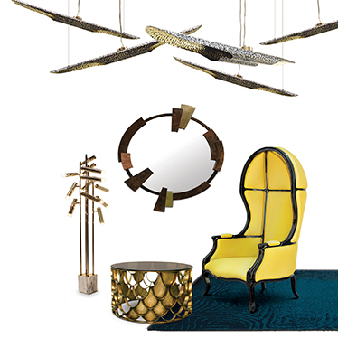 The balloon armchair will provide the tranquility needed to enjoy readings while the glass top coffee table will be the support for the other books. To complete the corner, a blue contrasting rug, a brass floor lamp, a round mirror and a hammered brass su